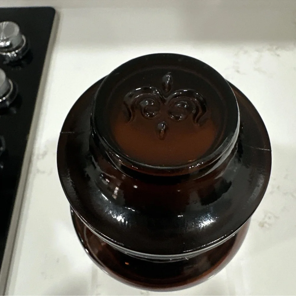Vintage 1970's Borden Cremora Amber Glass Canister Apothecary Jar Fleur Di Lis